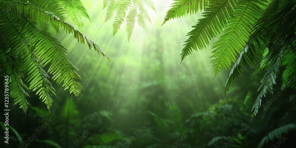 Obraz premium Lush Green Ferns in Serene Forest with Sunlight