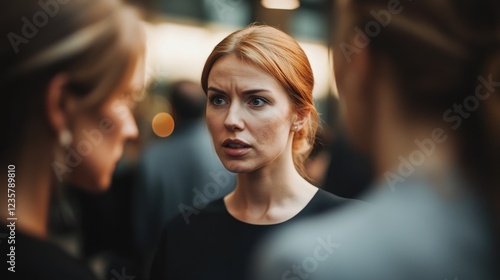 Wallpaper Mural Woman shocked, listening intently, colleagues blurred background, office, conflict resolution Torontodigital.ca