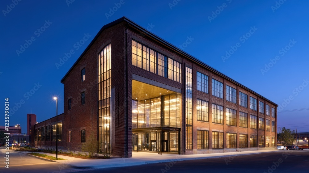 Obraz premium A modern brick building with large windows, illuminated at dusk, likely serving as a public space.