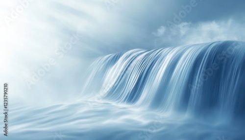 Serene Waterfall Cascading Downward Under a Cloudy Sky