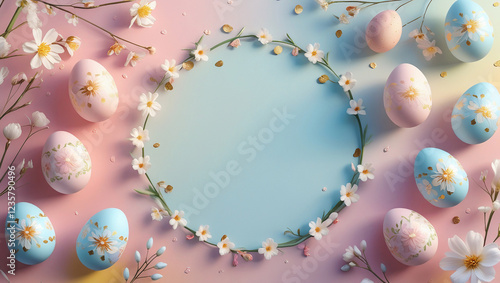 Easter background featuring pastel tones. Floral-patterned eggs with gold accents sit gracefully at the edges, while soft light and spring blossoms create a warm, inviting scene.