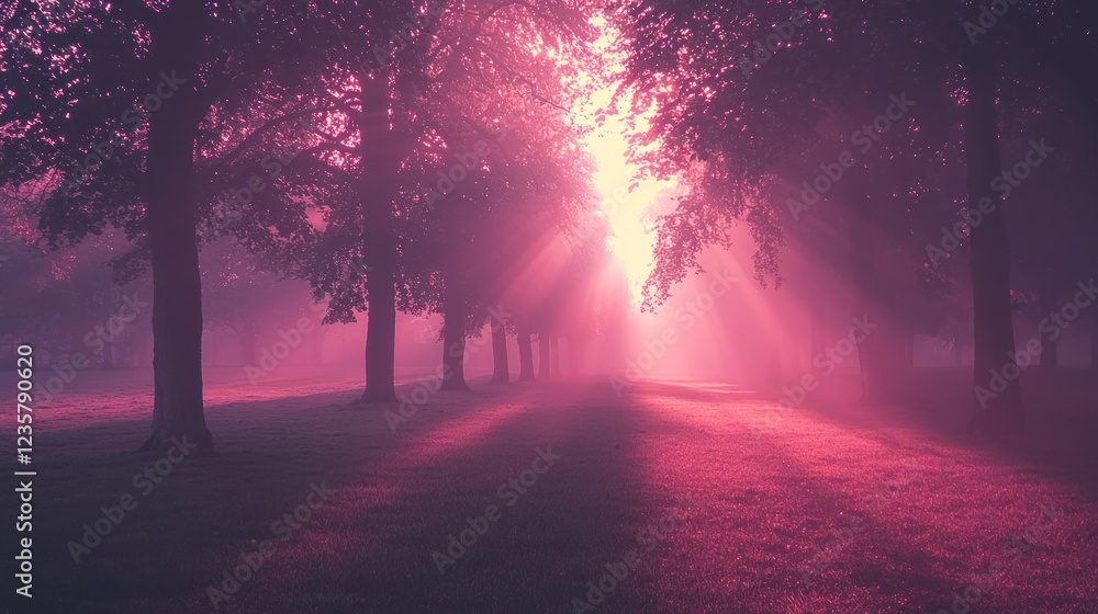 Obraz premium Magical Pink Sunrise Rays Through Misty Forest Path Dreamlike Nature Scene