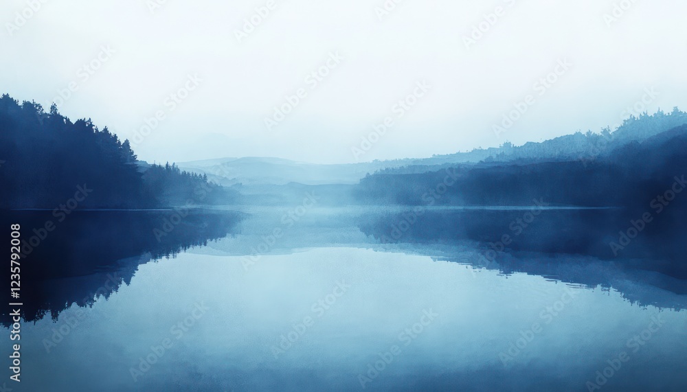 Fototapeta premium Serene Misty Lake Landscape with Silhouetted Hills