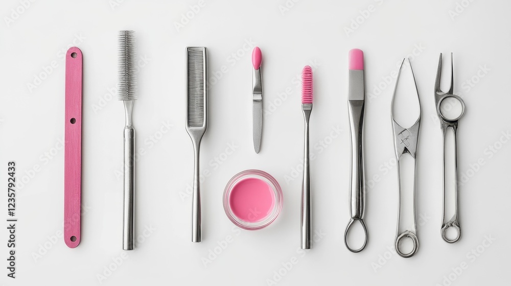 A collection of nail care tools, including a nail file, cuticle pusher, and clippers, neatly arranged alongside a small bowl of pink nail polish on a white background. A collection of nail care tools, including a nail file, cuticle pusher, and clippers, neatly arranged alongside a small bowl of pink nail polish on a white background.