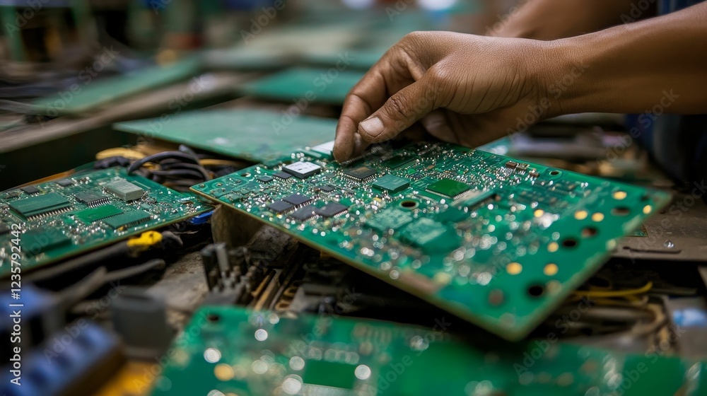 Fototapeta premium Hands inspecting green circuit boards electronics repair