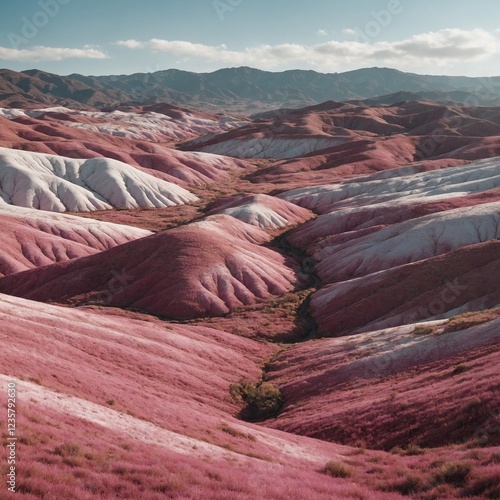 A surreal pink valley with rolling hills and a bright white sky.