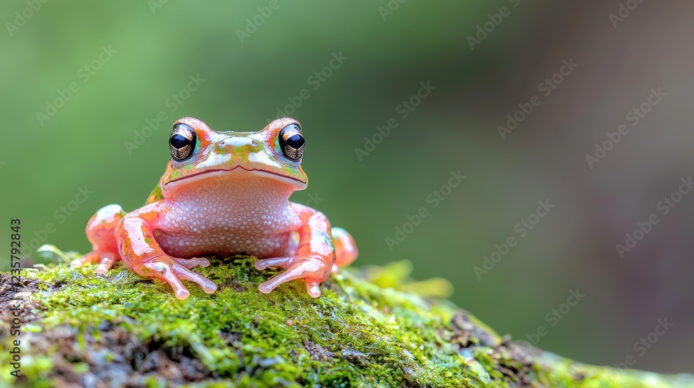Obraz premium Colorful frog on moss, rainforest background; nature photography