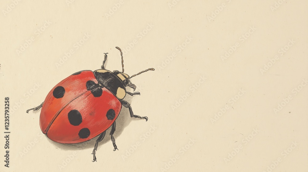 Fototapeta premium Red Ladybug on Beige Textured Background Detailed Illustration