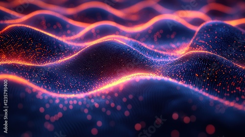 Abstract Digital Wave Background Glowing Particle Flow Neon Red and Blue