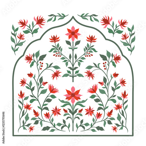 Mughal decorative ornamental floral. Vintage intricate traditional mughal style with flowers and foliage.
