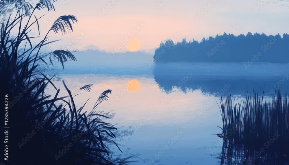 Fototapeta premium Serene Sunset Over Calm Lake With Reeds