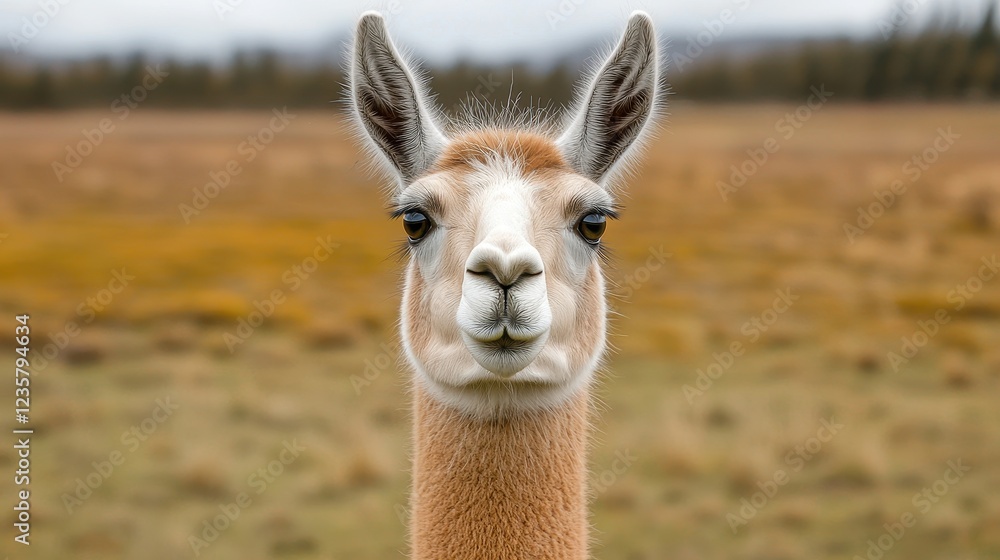 Obraz premium Curious Llama Staring in Open Field Landscape Photography