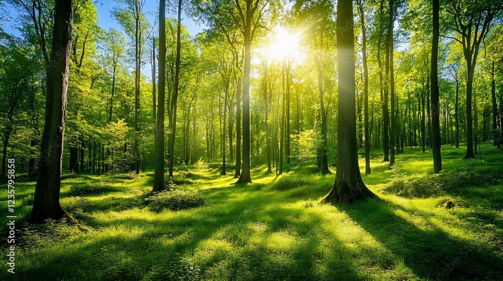 Obraz premium Sunlight Filtering Through Lush Green Trees in a Forest Creating a Magical Scene