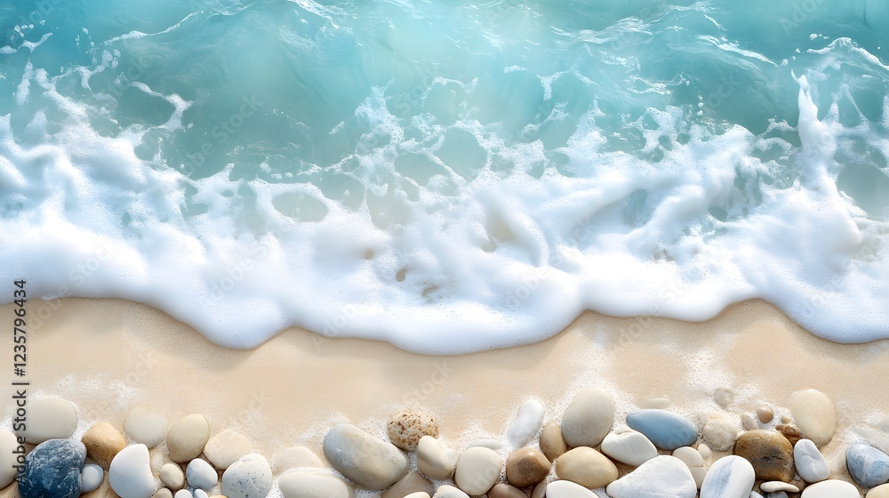 Fototapeta premium A tranquil beach scene with soft waves gently washing onto the sandy shore under a clear blue sky