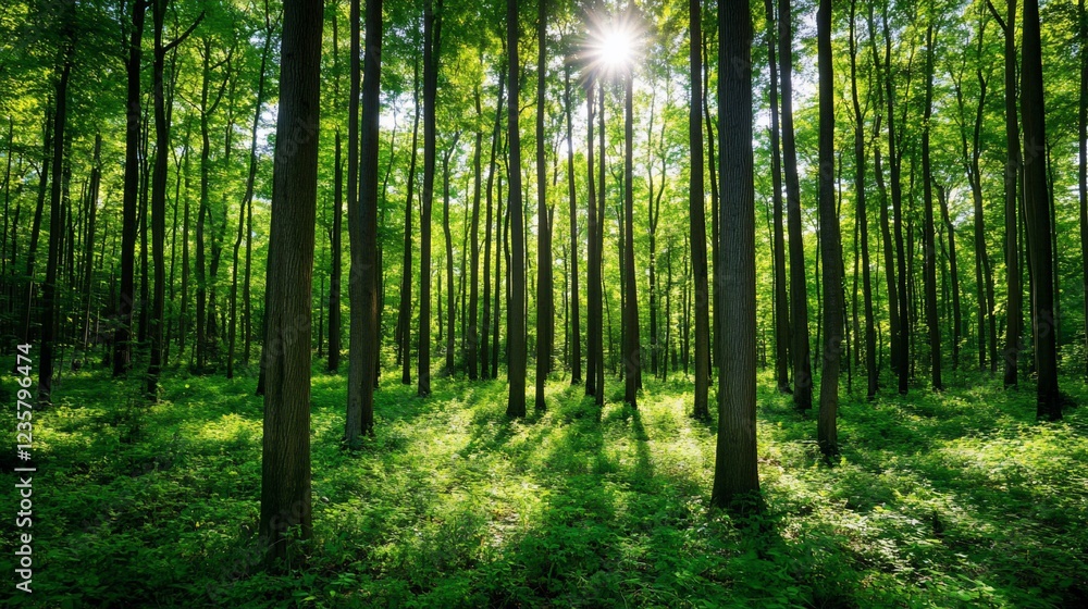 Naklejka premium Sunlight filters through tall trees in a vibrant green forest landscape