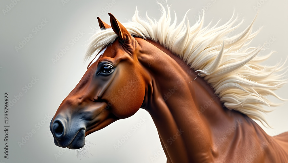 Fototapeta premium Majestic Brown Horse with Flowing White Mane Portrait Illustration for Equestrian Branding, Animal Conservation & Nature Education (PNG)