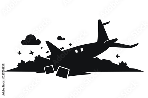 Silhouette of a Plane Crashing with Smoke Trail  Vector Illustration on White Background  EPS Format,