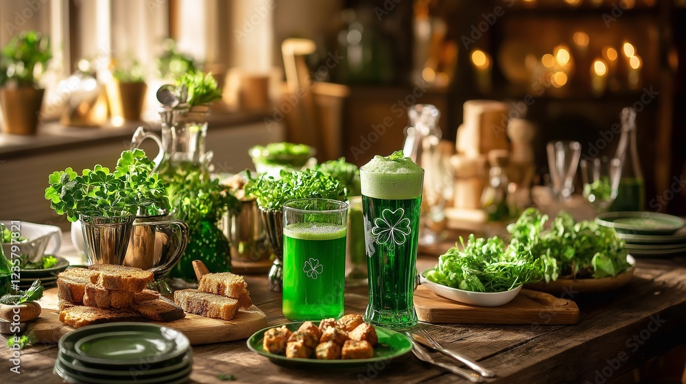 A festive table set for St. Patrick's Day celebration, adorned with green decorations, food, shamrocks, and traditional details. A joyful and inviting atmosphere for the holiday