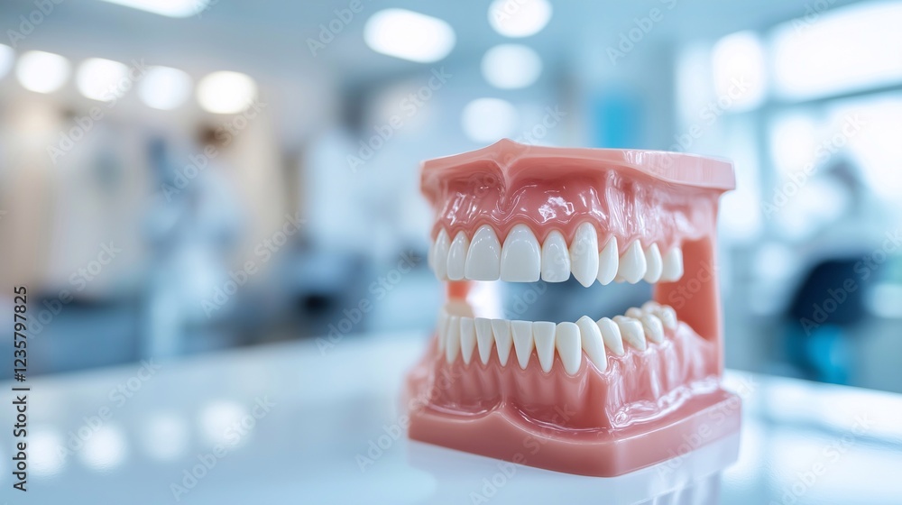 A detailed dental model of teeth displayed on a table in a bright dental clinic. The focus is on education, dental health, and professional care for oral hygiene. Background with copy space A detailed dental model of teeth displayed on a table in a bright dental clinic. The focus is on education, dental health, and professional care for oral hygiene. Background with copy space