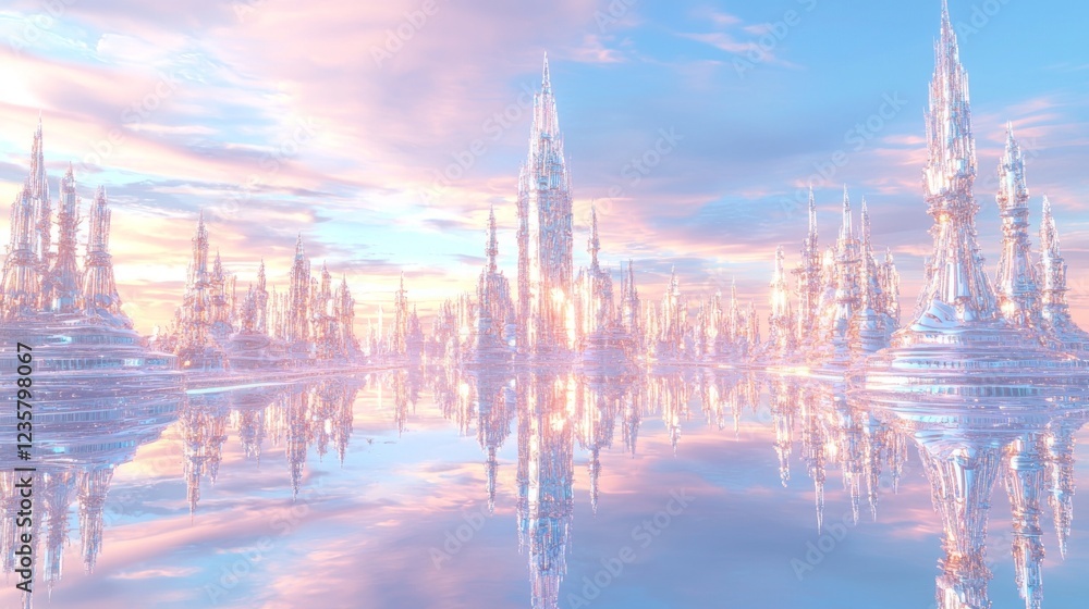 Naklejka premium Futuristic Metropolis: Neon Cityscape with Crystal Spires and Liquid Metal Streets | Ultra-Detailed Sci-Fi Dreamscape Concept