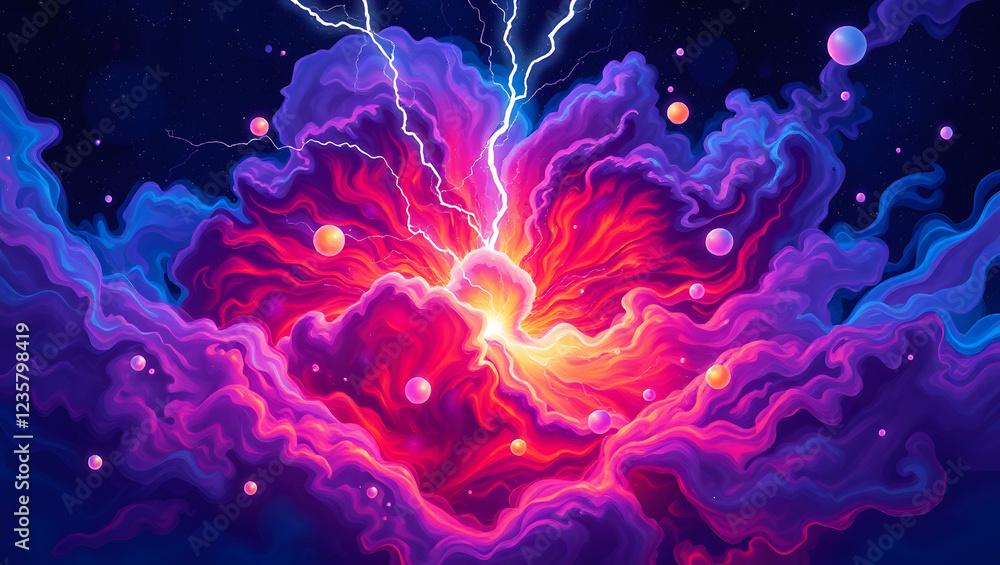 Obraz premium cosmic energy explosion with vibrant, swirling nebula clouds that resemble wispy silk fabric, infused with iridescent hues of electric blue, rich purple, and fiery crimson, against a deep, starry nigh
