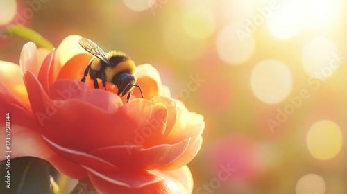 Bumblebee pollinating orange flower, garden sunset, nature backdrop, spring