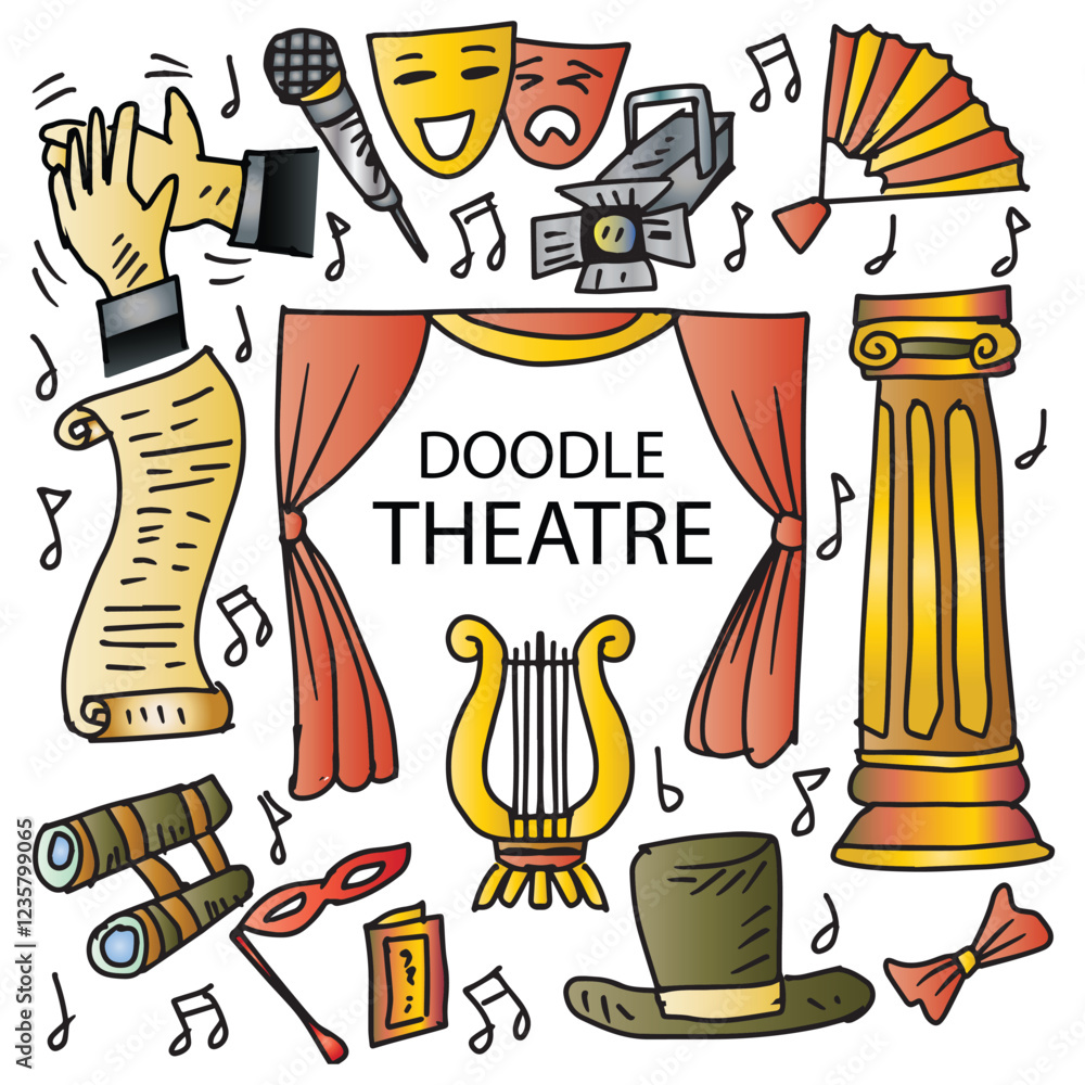 Hand drawn doodle Theatre icon set. Vector illustration of theater icons. Hand drawn doodle Theatre icon set. Vector illustration of theater icons.