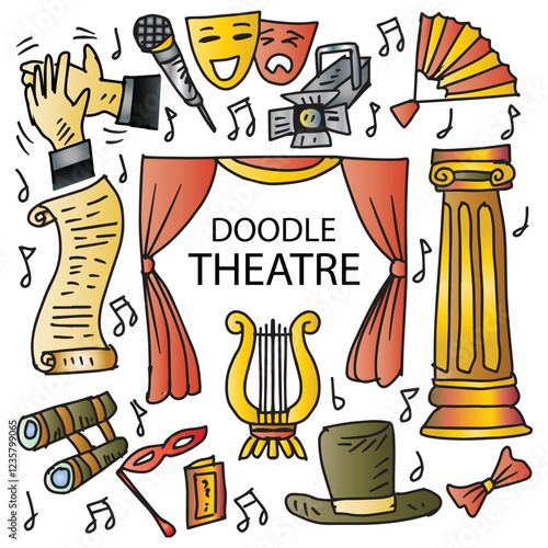 Hand drawn doodle Theatre icon set. Vector illustration of theater icons.