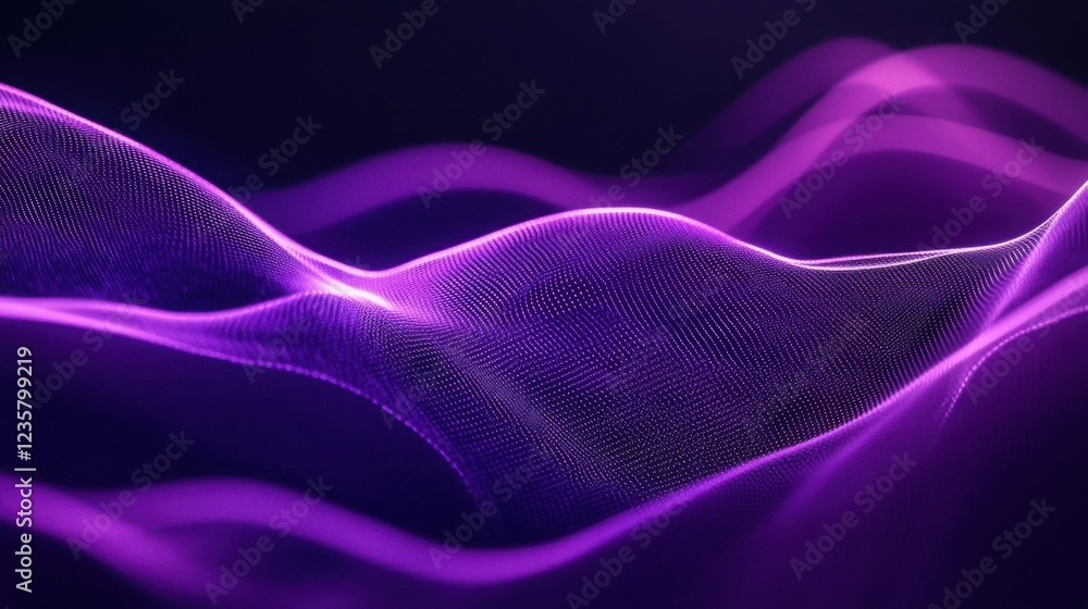 Obraz premium Glowing purple wave lines curving elegantly across the top of a dark purple background, leaving ample space below for text.