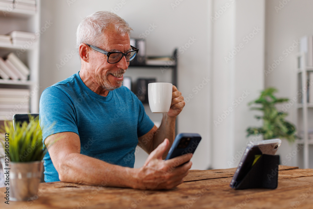 Senior, man having remote online work hybrid meeting or distance job interview, holding cup of coffee, gesturing with hands during virtual video conference call from home. Senior, man having remote online work hybrid meeting or distance job interview, holding cup of coffee, gesturing with hands during virtual video conference call from home.