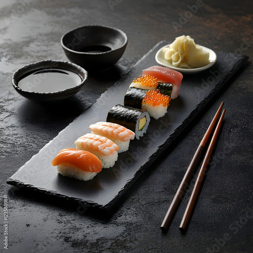 Fresh sushi rolls with chopsticks on a plate
