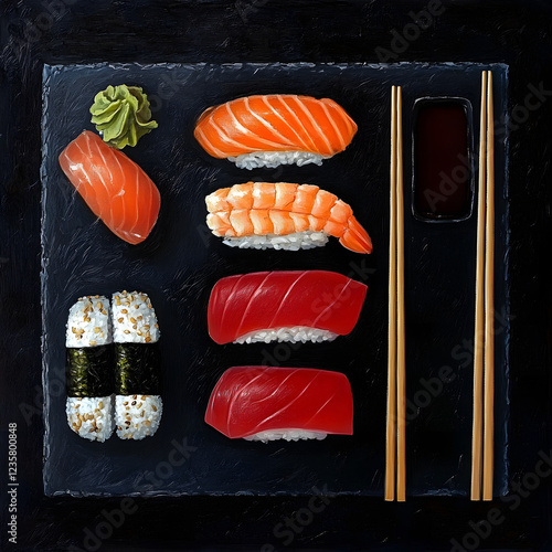 Fresh sushi assortment on a black plate with salmon and seafood