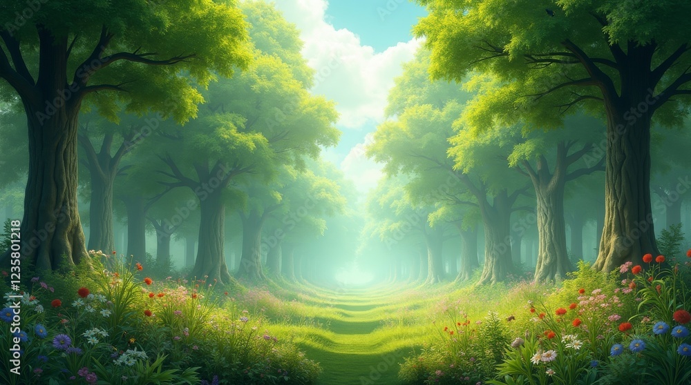 A serene forest path surrounded by vibrant trees and colorful flowers. Perfect for nature, relaxation, and environmental themes. A serene forest path surrounded by vibrant trees and colorful flowers. Perfect for nature, relaxation, and environmental themes.