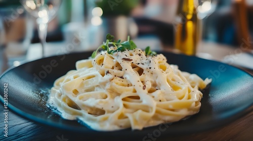 Fettuccine alfredo in a black plate with truffle oil drizzle.  photo