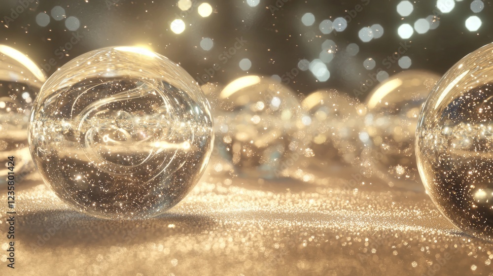 Fototapeta premium Cosmic Glass Orbs: Miniature Galaxies in Swirling Dust Cinematic Image
