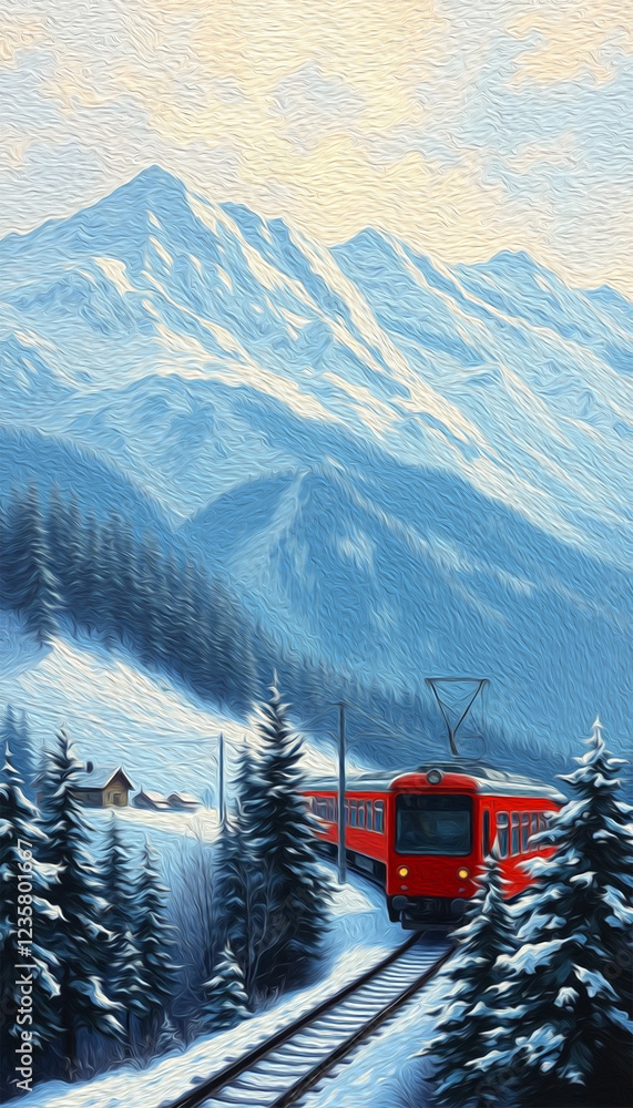 Fototapeta premium Mountain landscape in oil paint. Pattern for printing on wall decorations, covers, calendars