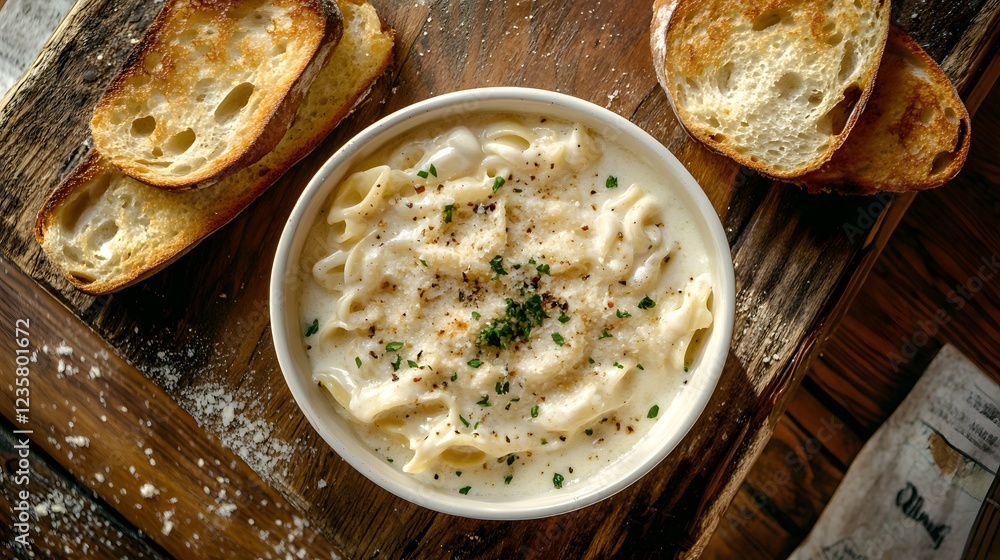 Top-down shot of fettuccine alfredo with a side of toasted garlic bread on a wooden table. Top-down shot of fettuccine alfredo with a side of toasted garlic bread on a wooden table.
