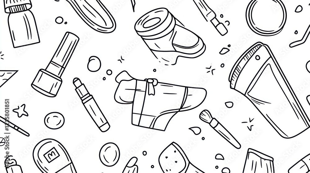 Doodle makeup and hygiene items pattern; white background; website design Doodle makeup and hygiene items pattern; white background; website design