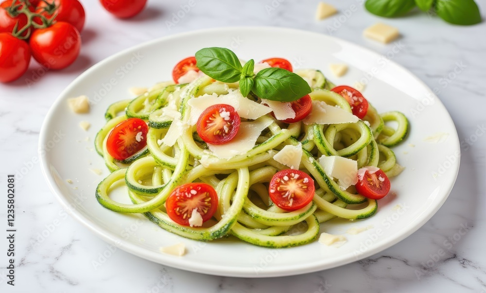 Fresh zucchini pasta with cherry tomatoes