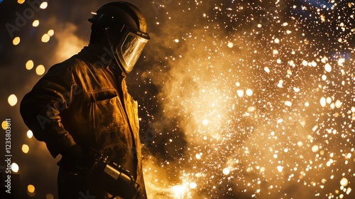 A steelworker in a flame-resistant jacket and helmet, standing amidst a flurry of sparks from a cutting torch, Steel fabrication scene