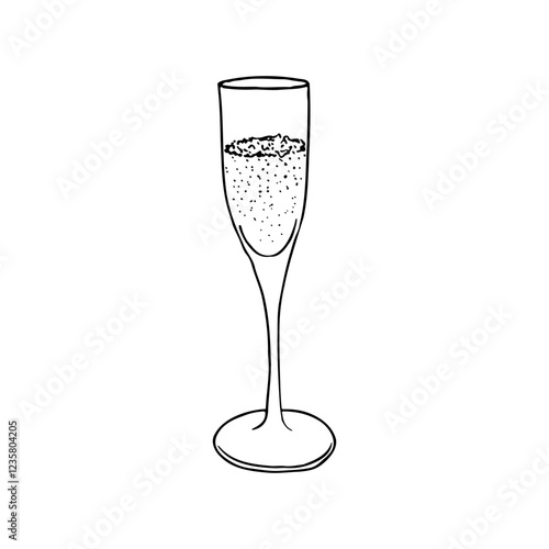champagne glass with foam and bubbles - hand drawn line art