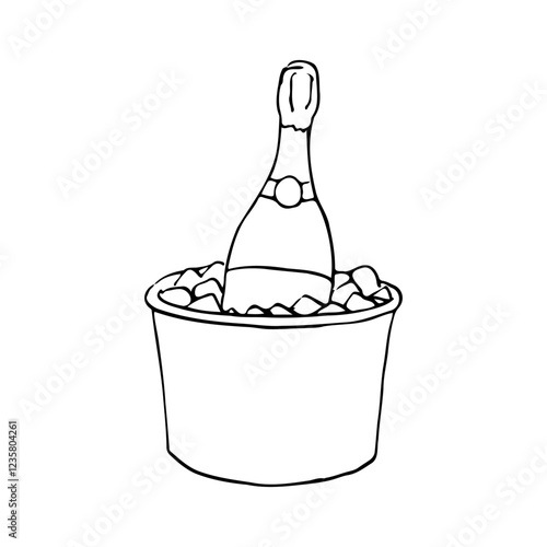 unopened bottle of champagne stands in a bucket with ice - hand drawn line art