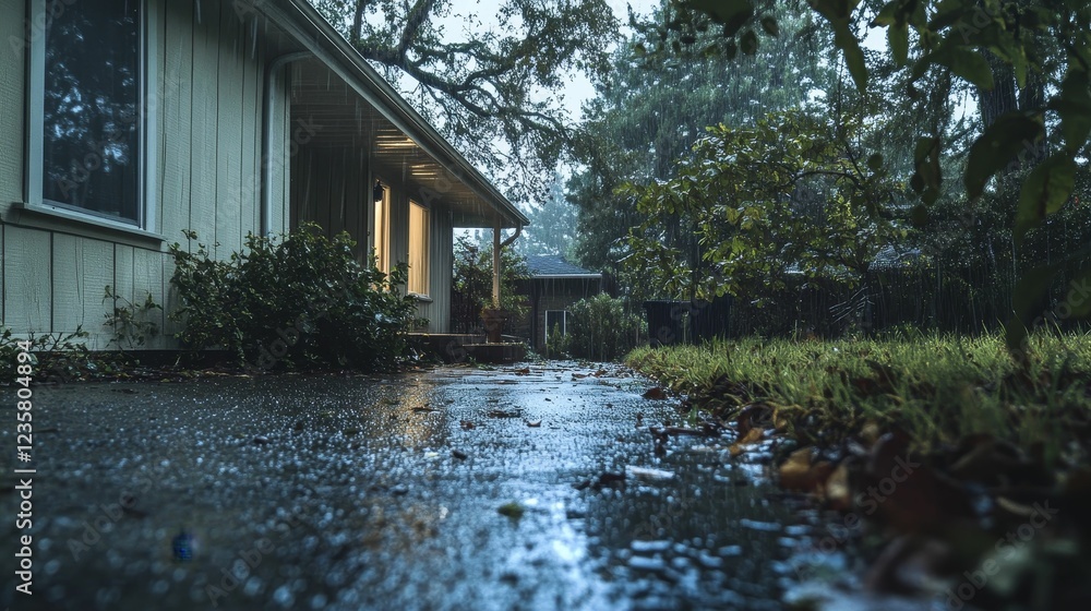 Fototapeta premium Rainy evening, house patio, wet ground, peaceful scene.