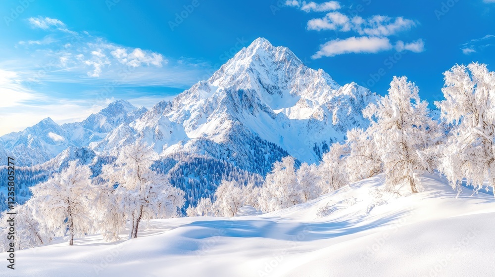 Naklejka premium Snowy mountain peak winter landscape, frosted trees, blue sky