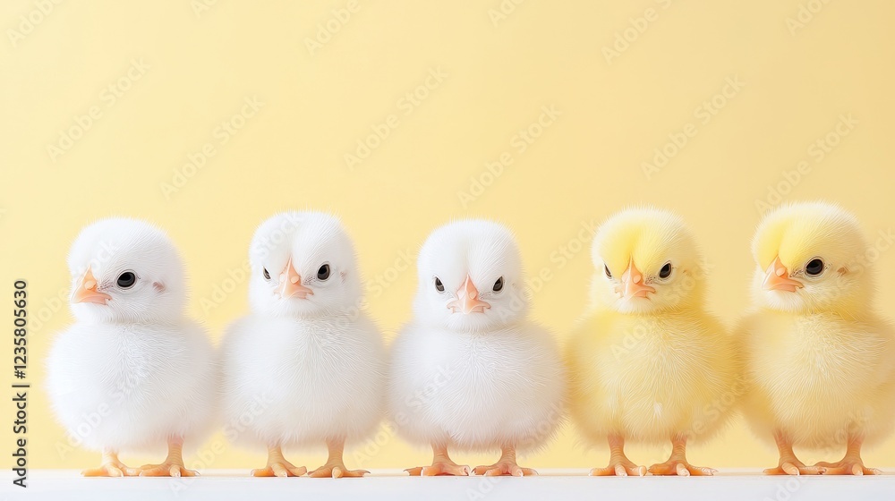 Five fluffy chicks on yellow background, Easter greeting Five fluffy chicks on yellow background, Easter greeting