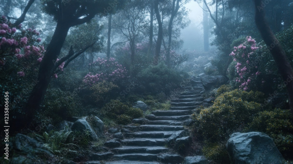 Fototapeta premium Misty forest path stairs, rhododendrons, fog, garden, fantasy