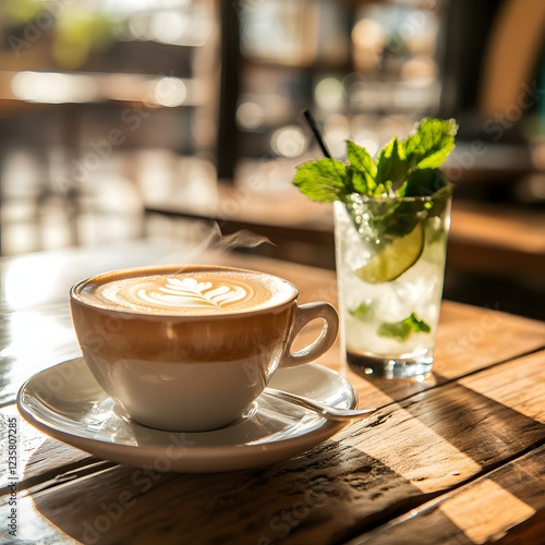 Different cups of coffee and cappuccino with mint on a table