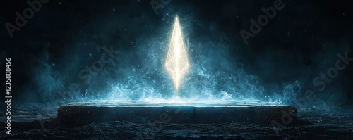 Mystical blue energy hologram floating over a futuristic altar