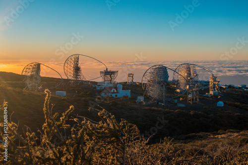 Panoramic photography of the Magic telescopes at the Roque de Los Muchachos Astrophysical Observatory on the La Palma island. photo