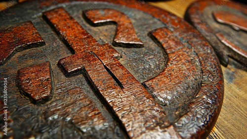 Intricate wooden carvings showcasing ancient symbols displayed on a rustic surface in a workshop setting Intricate wooden carvings showcasing ancient symbols displayed on a rustic surface in a workshop setting